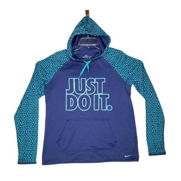 Nike Therma Fit Blue Long Sleeve Polka Dot Pullover Hoodie Sz Medium Sweatshirt - Picture 1 of 8